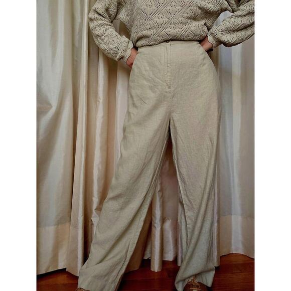 Vintage Linen Blend High Waist Pants: Women's Beige Trousers XL - Picture 6 of 9